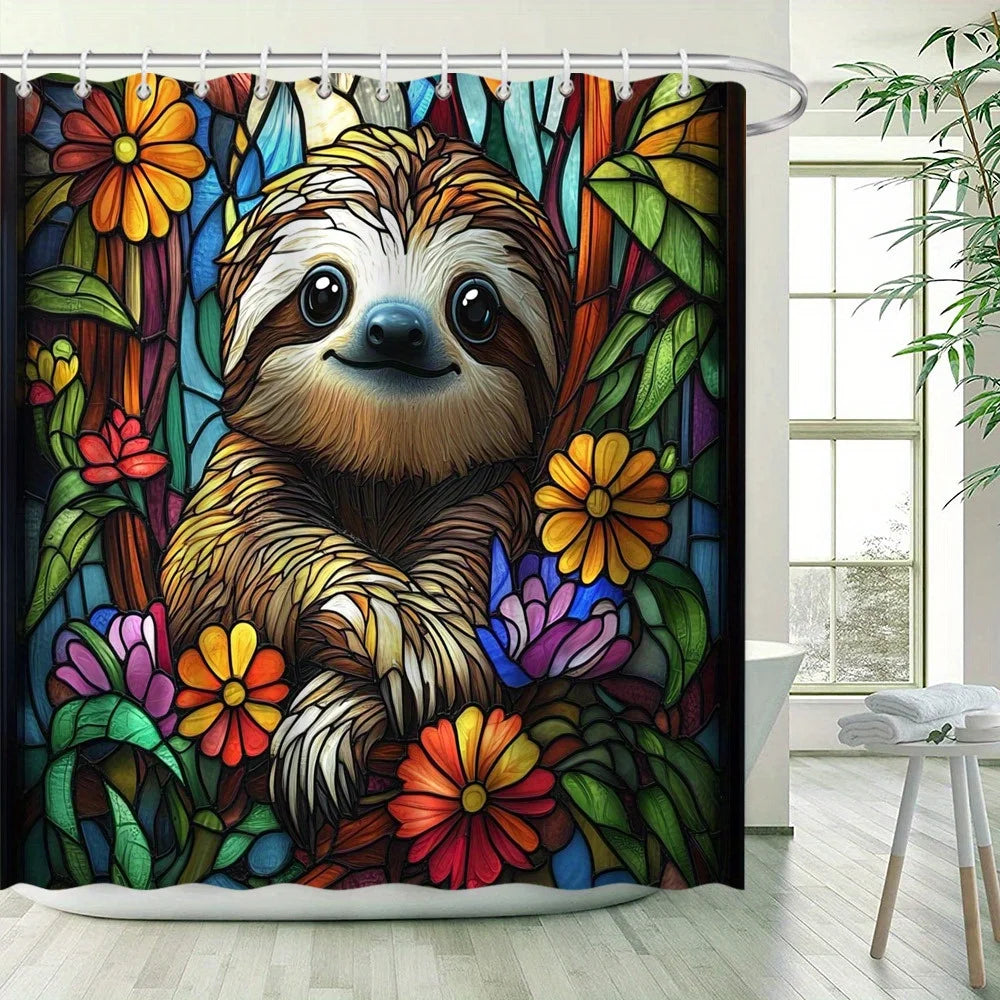 Colorful Flowers Sloth Shower Curtain