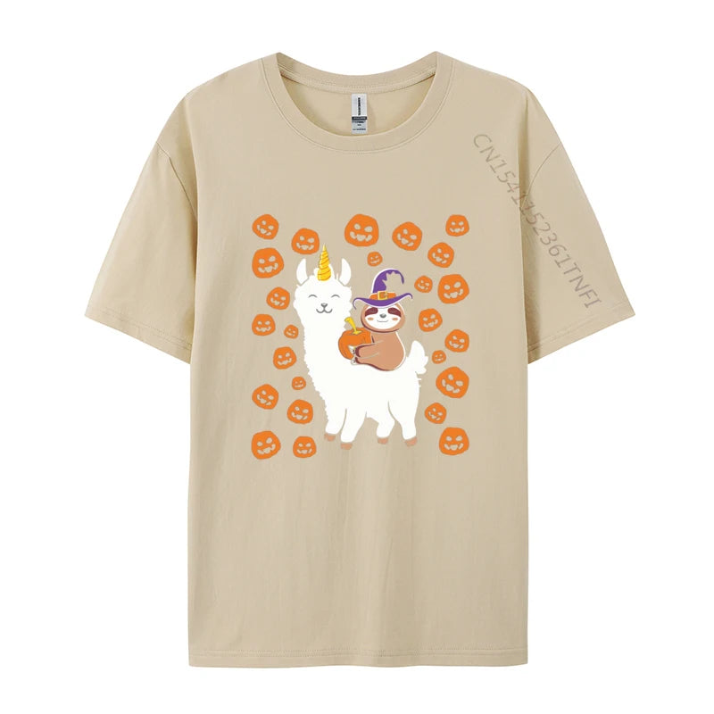 Sloth Wizard Riding Llama with Pumpkins T-shirt