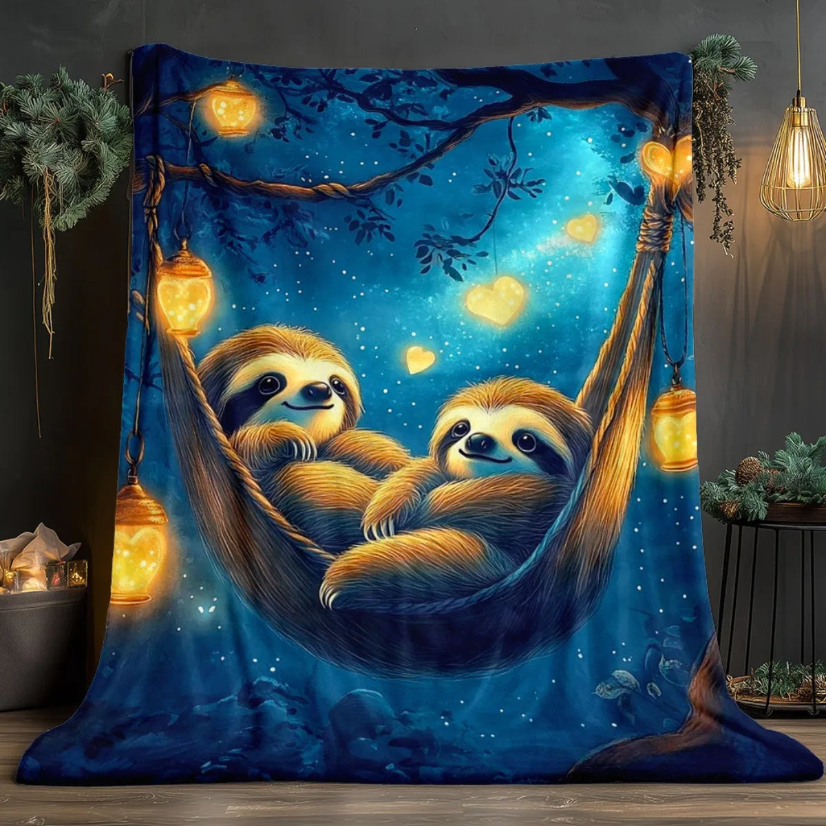 Sloth Couple In Hammock & Lanterns Night Sky Blanket