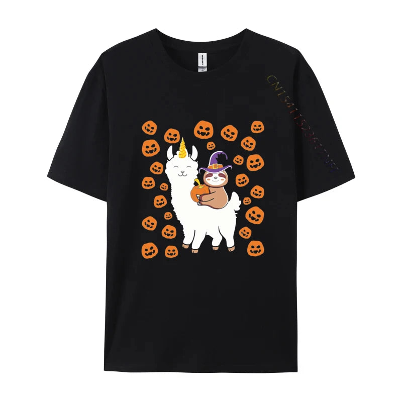 Sloth Wizard Riding Llama with Pumpkins T-shirt