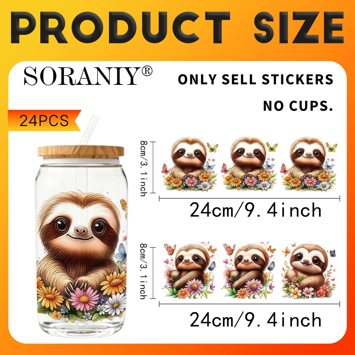 24 Piece Sloth Transfer Stickers