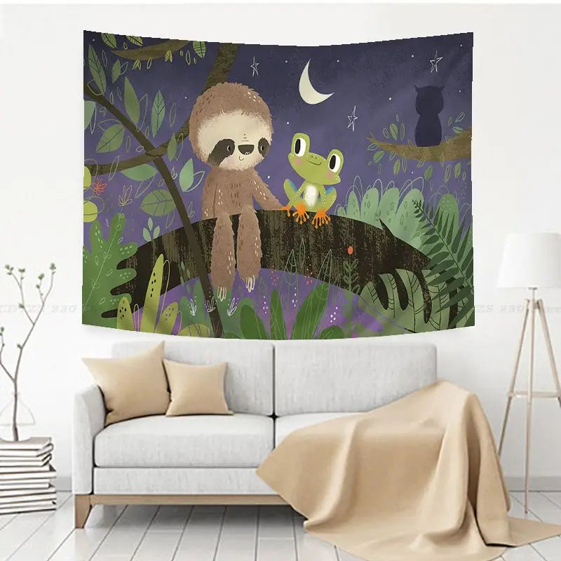 Sloth & Frog Under The Moonlight Wall Hanging Tapestry
