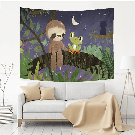 Sloth & Frog Under The Moonlight Wall Hanging Tapestry