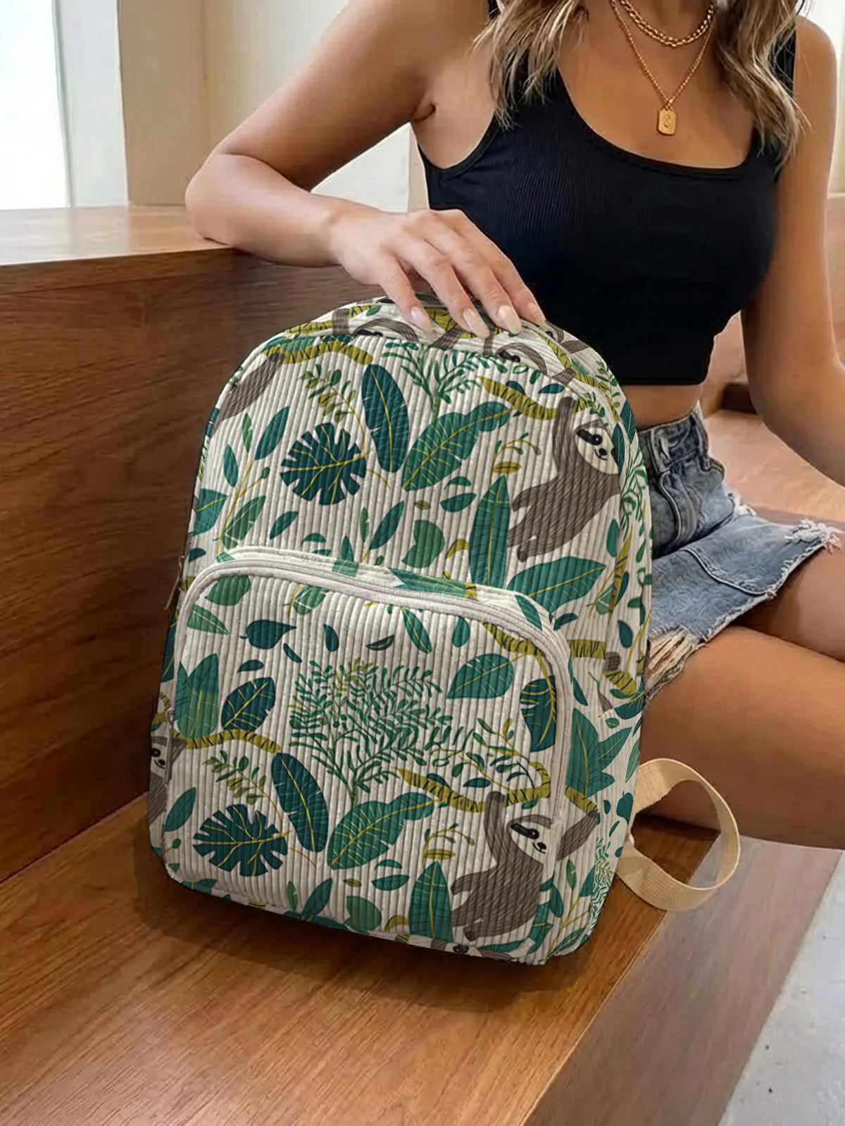 Sloth Tropical Leaf Print Backpack