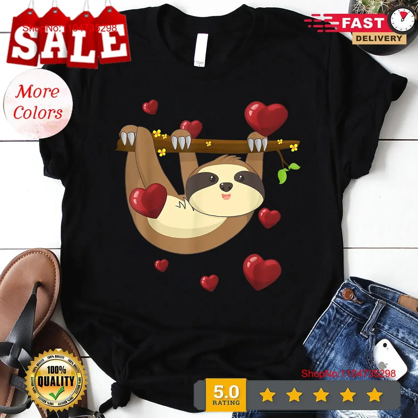 Sloth With Love Hearts T-Shirt product photo