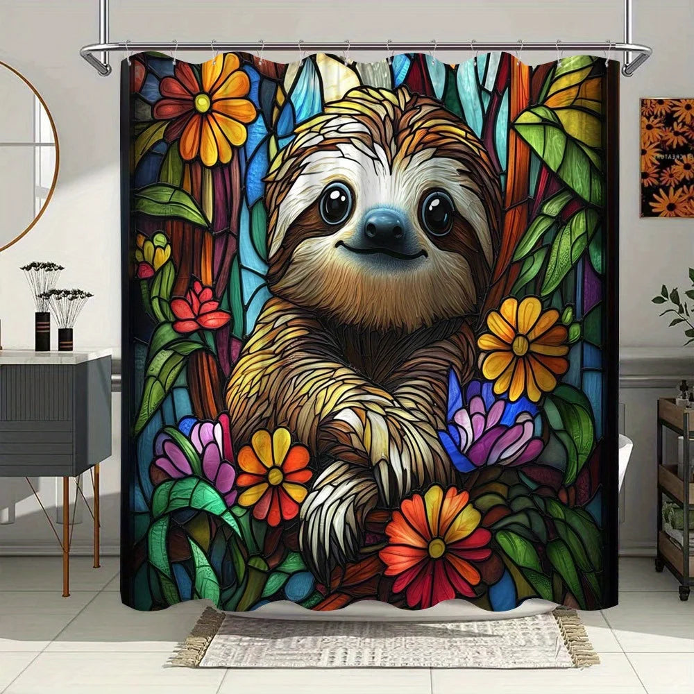 Colorful Flowers Sloth Shower Curtain