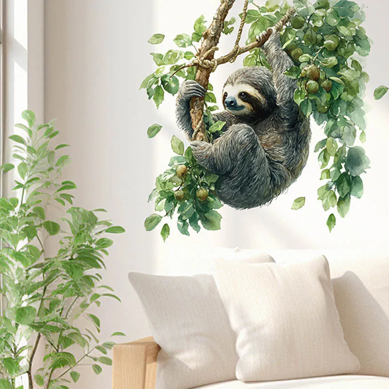 Sloth On Tree Branch With Leaves Wall Sticker