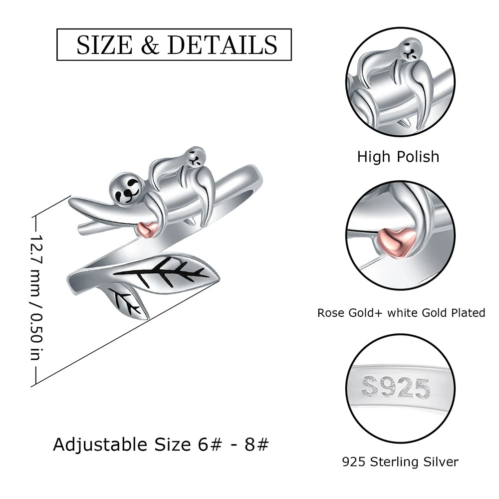 Sterling Silver Sloth I Love You Forever Adjustable Ring