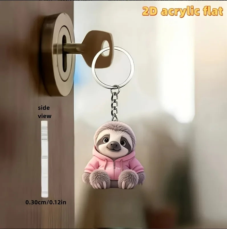 2D Sloth Wearing Pink Hoodie Keychain