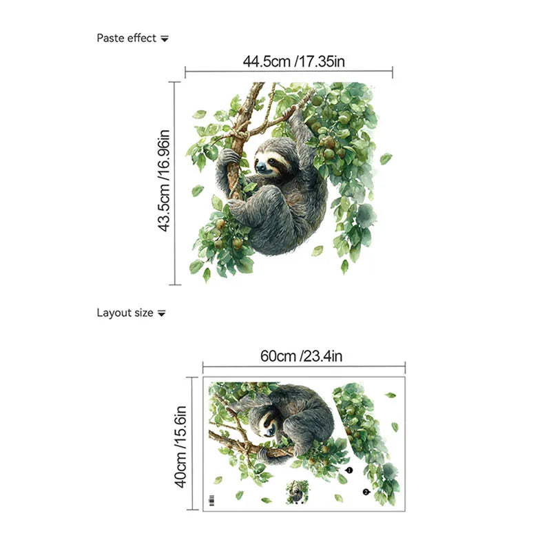 Sloth On Tree Branch With Leaves Wall Sticker