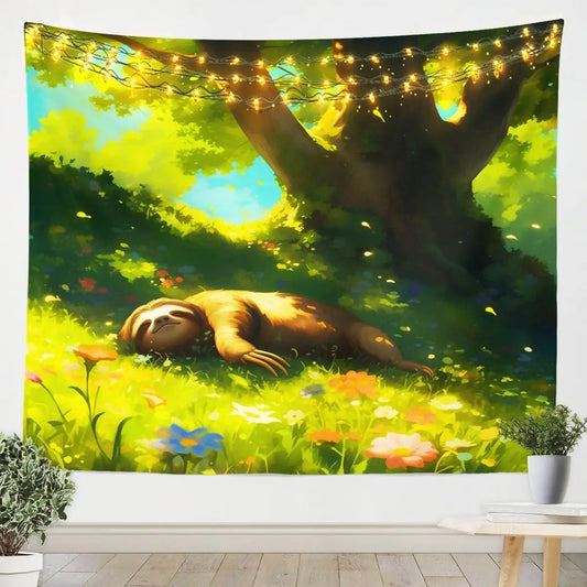 Peaceful Meadow Sloth Sleeping Wall Art Tapestry