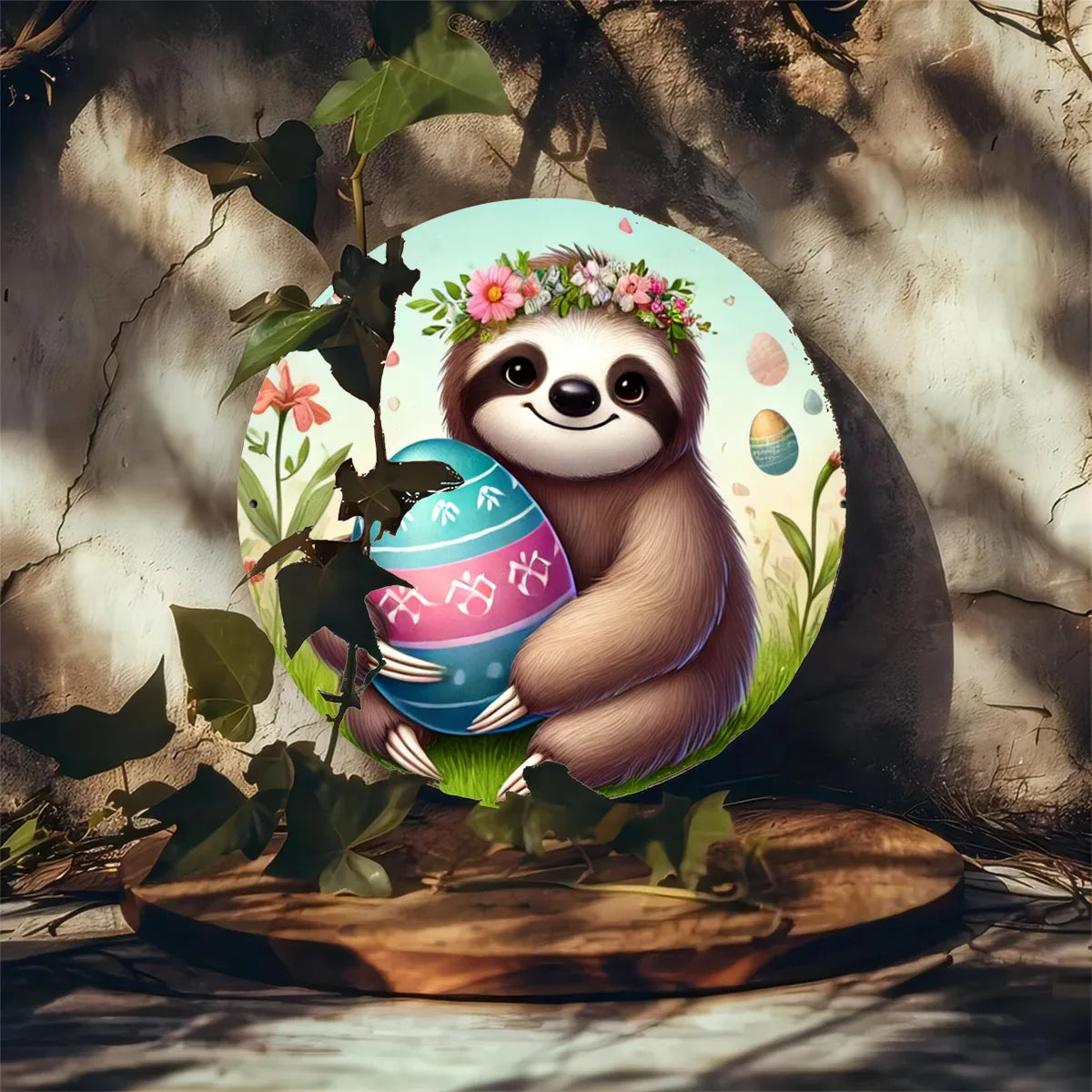 Easter Sloth 8x8 Inch Round Metal Sign