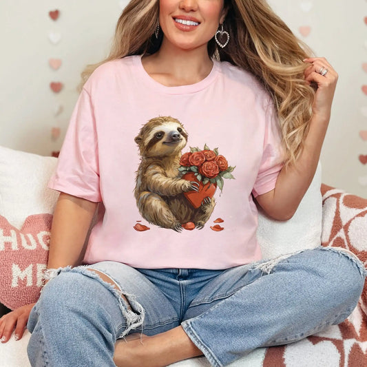 Sloth Love Heart and Roses T-Shirt