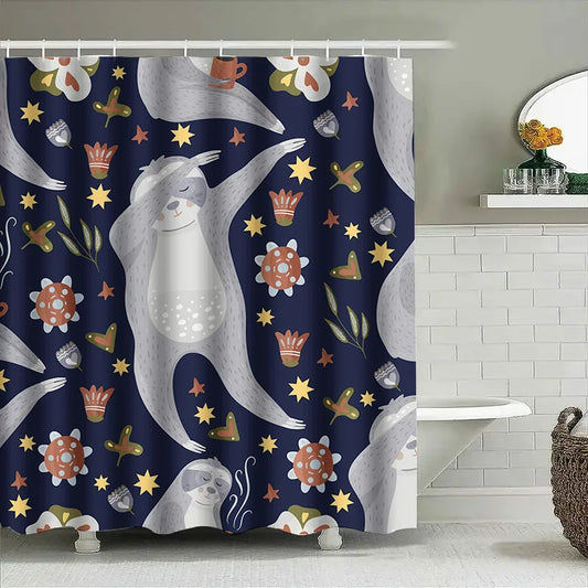Blue Floral Sloth Shower Curtain