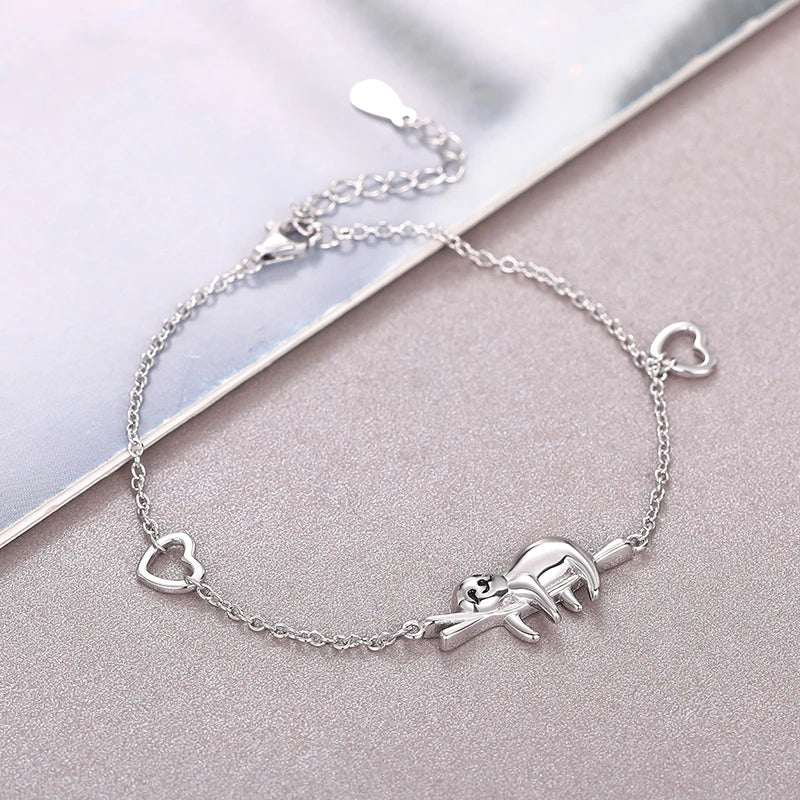 Sterling Silver Sloth On A Branch with Hearts Bracelet
