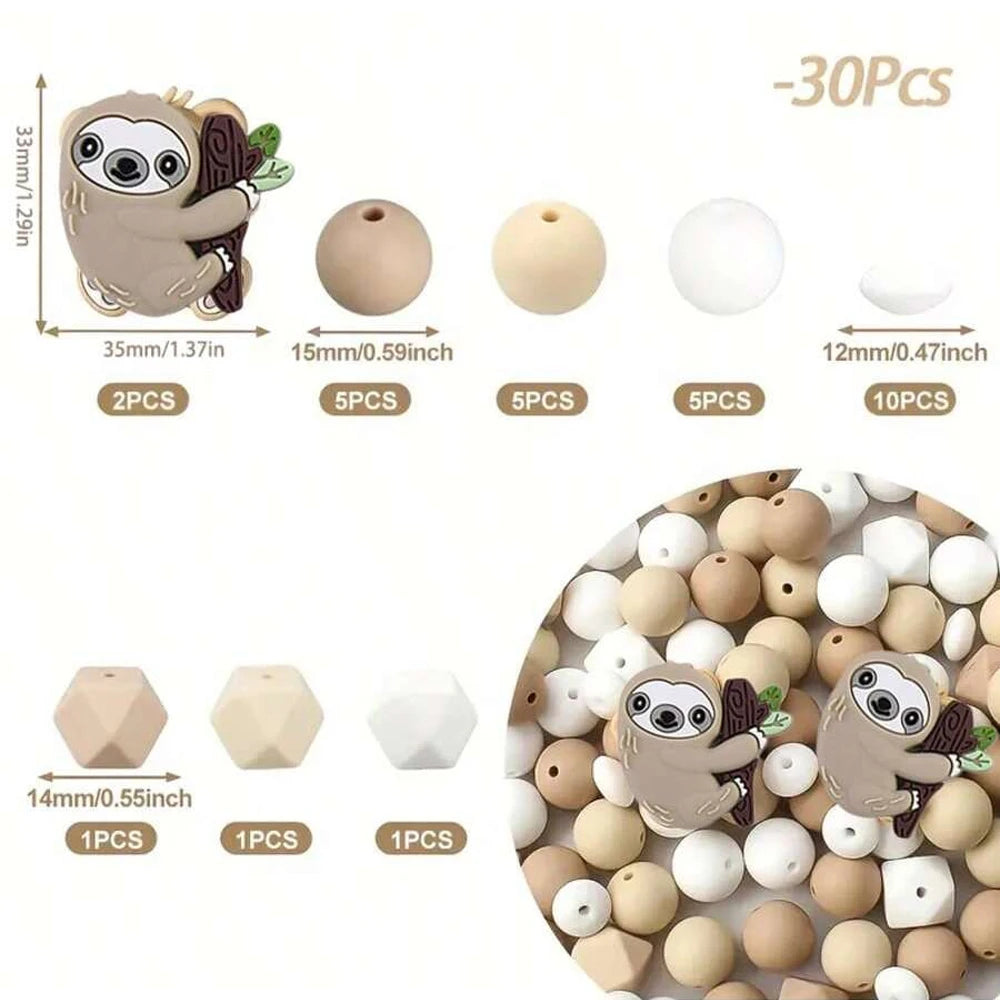 10/30/53 Piece Sloth Silicone Bead Set To Make Keyrings