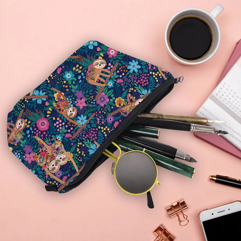 Sloth Floral Cosmetic Bag