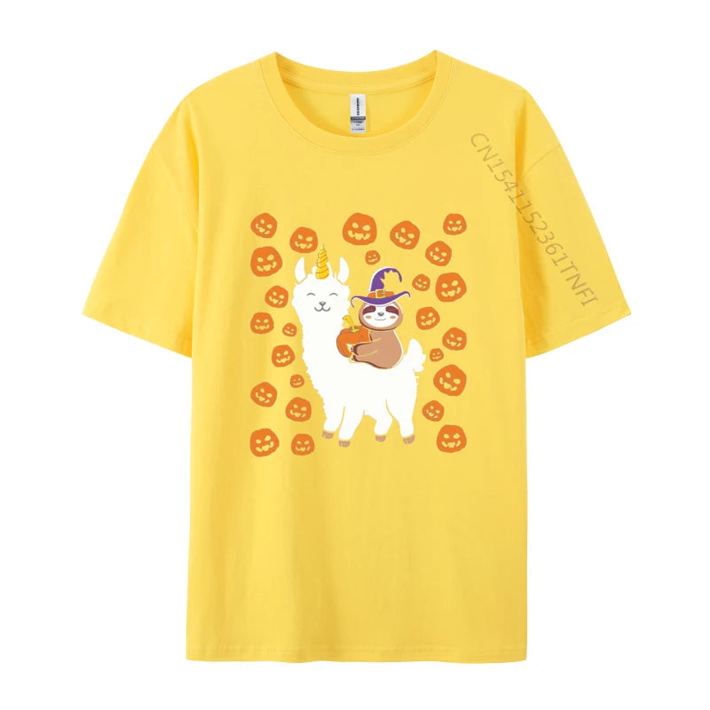 Sloth Wizard Riding Llama with Pumpkins T-shirt