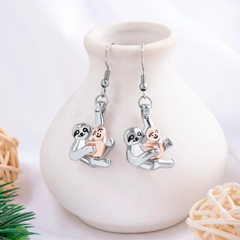 Two-Tone Sloth Mom and Baby Pendant & Earrings Set
