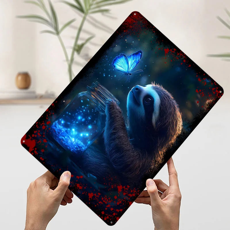 Glowing Butterfly & Sloth Fantasy Metal Wall Art