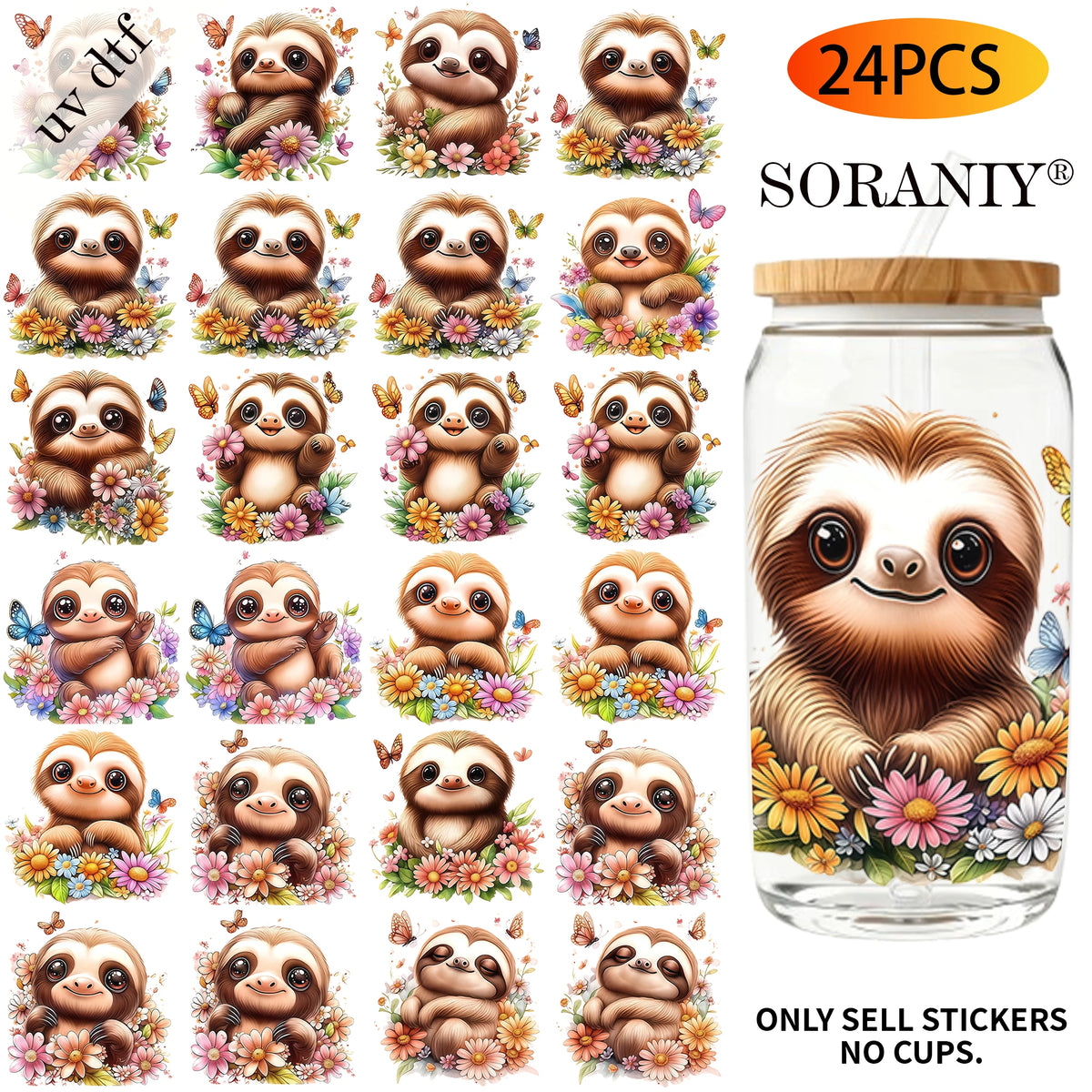24 Piece Sloth Transfer Stickers