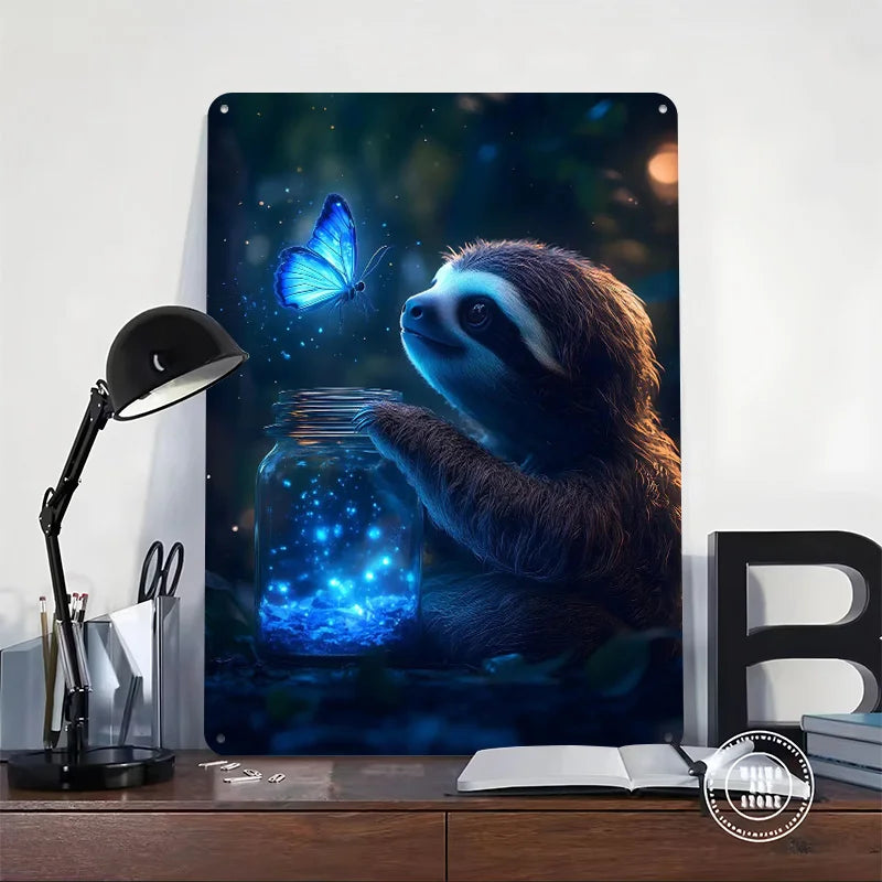 Glowing Butterfly & Sloth Fantasy Metal Wall Art