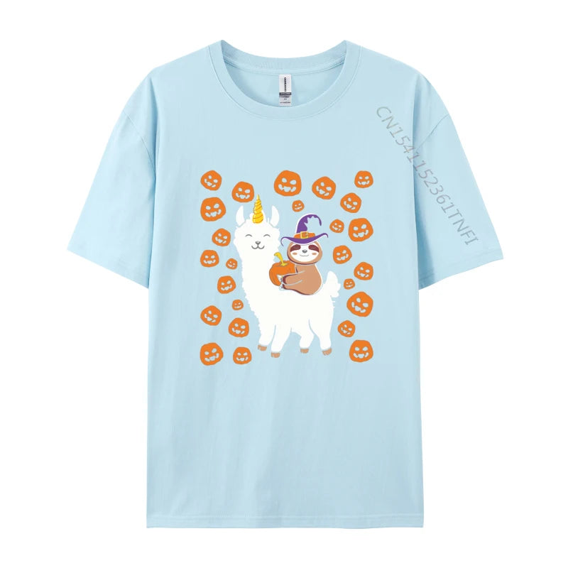 Sloth Wizard Riding Llama with Pumpkins T-shirt