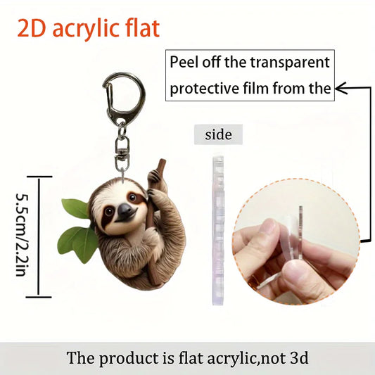 2D Sloth With Branch & Leaves Keychain