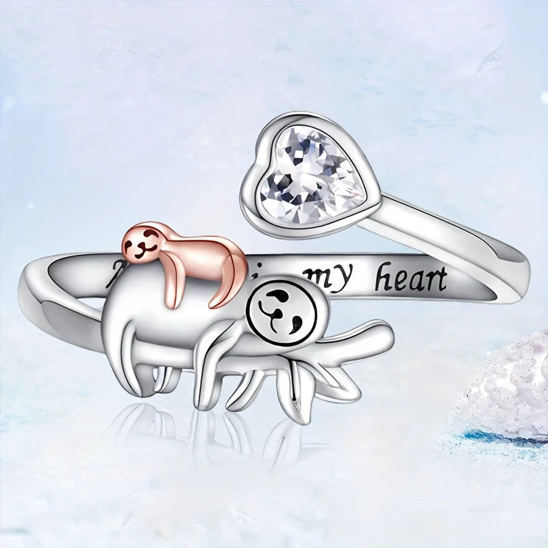 Sloth Mom and Baby Adjustable Ring with Words "Always in My Heart"