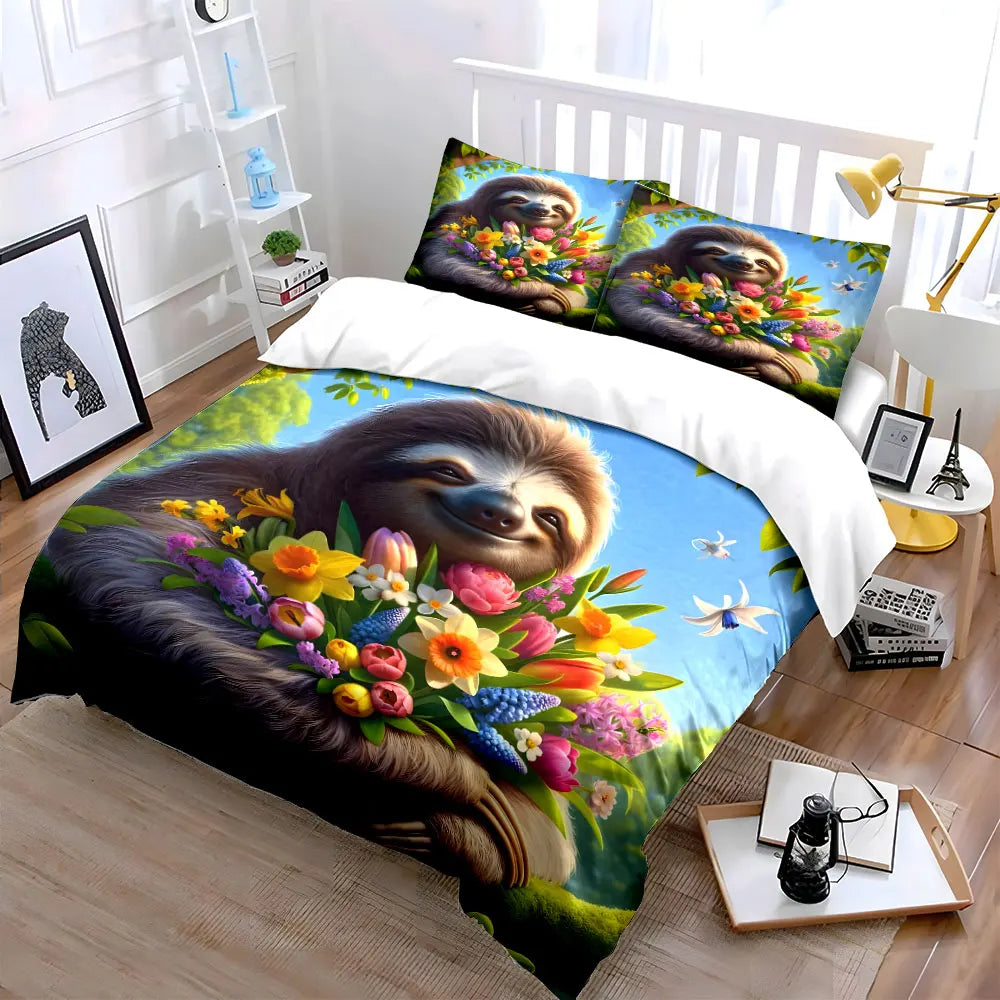 Sloth With Vibrant Bouquet Duvet Cover Set