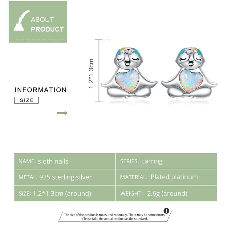 Sterling Silver Sloth With Opal Heart Stud Earrings