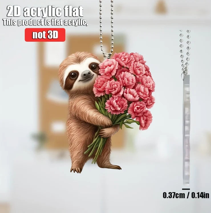 2D Sloth With Bouquet Of Flowers Keychain