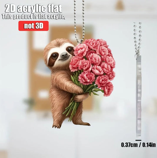 2D Sloth With Bouquet Of Flowers Keychain