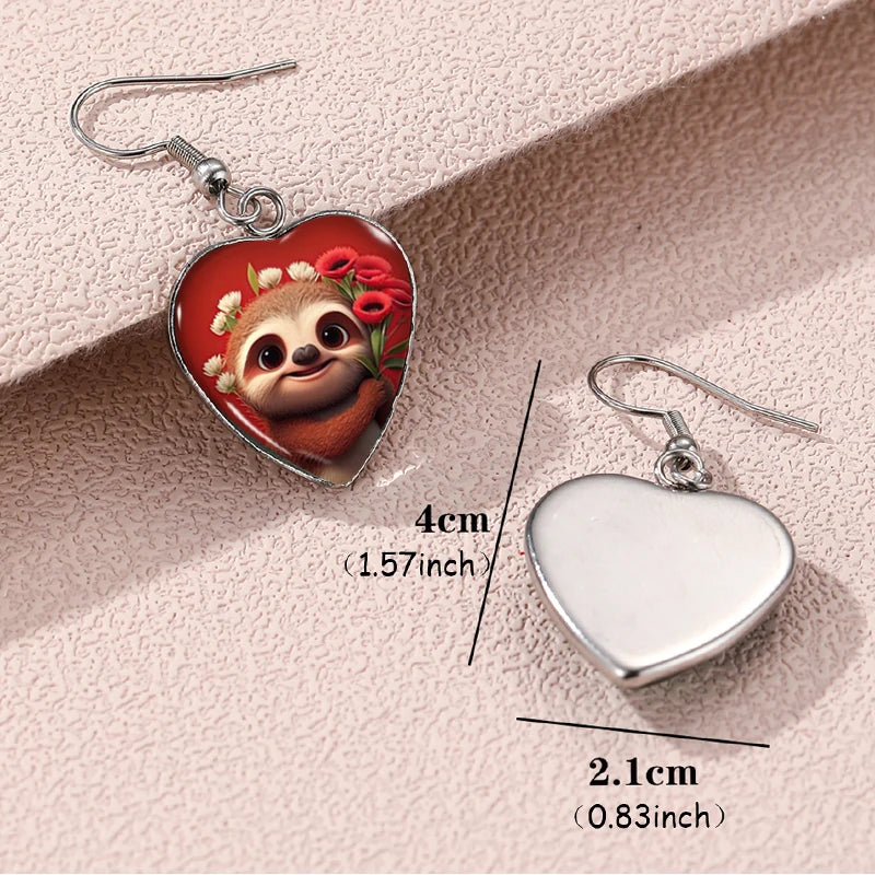 Red Sloth Dangle Heart Earrings