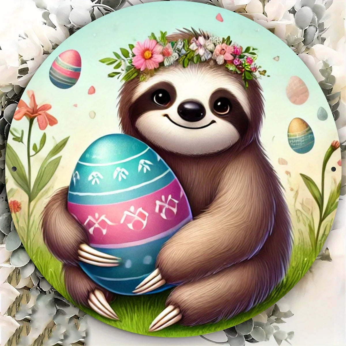 Easter Sloth 8x8 Inch Round Metal Sign