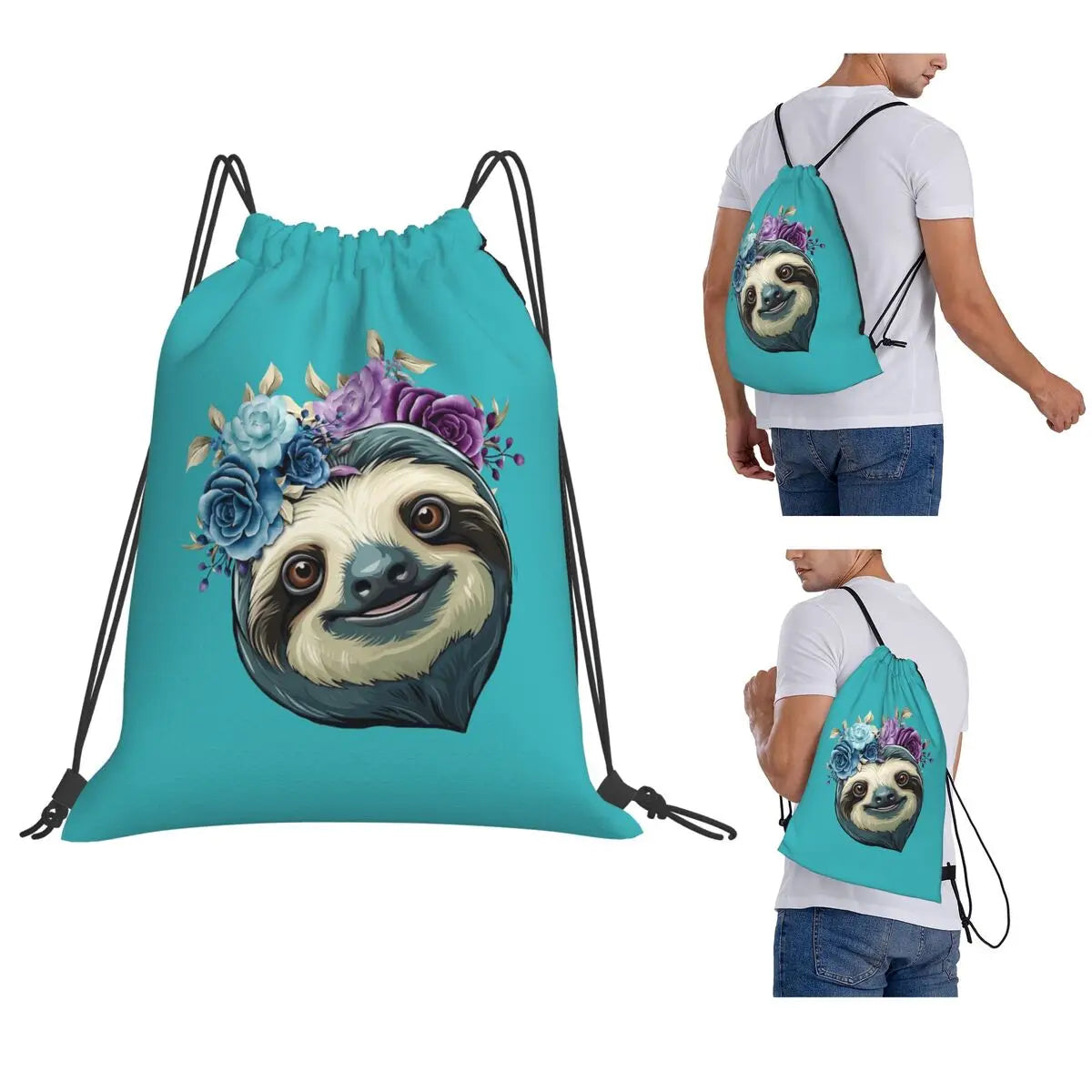 Sloth & Flowers Drawstring Backpack