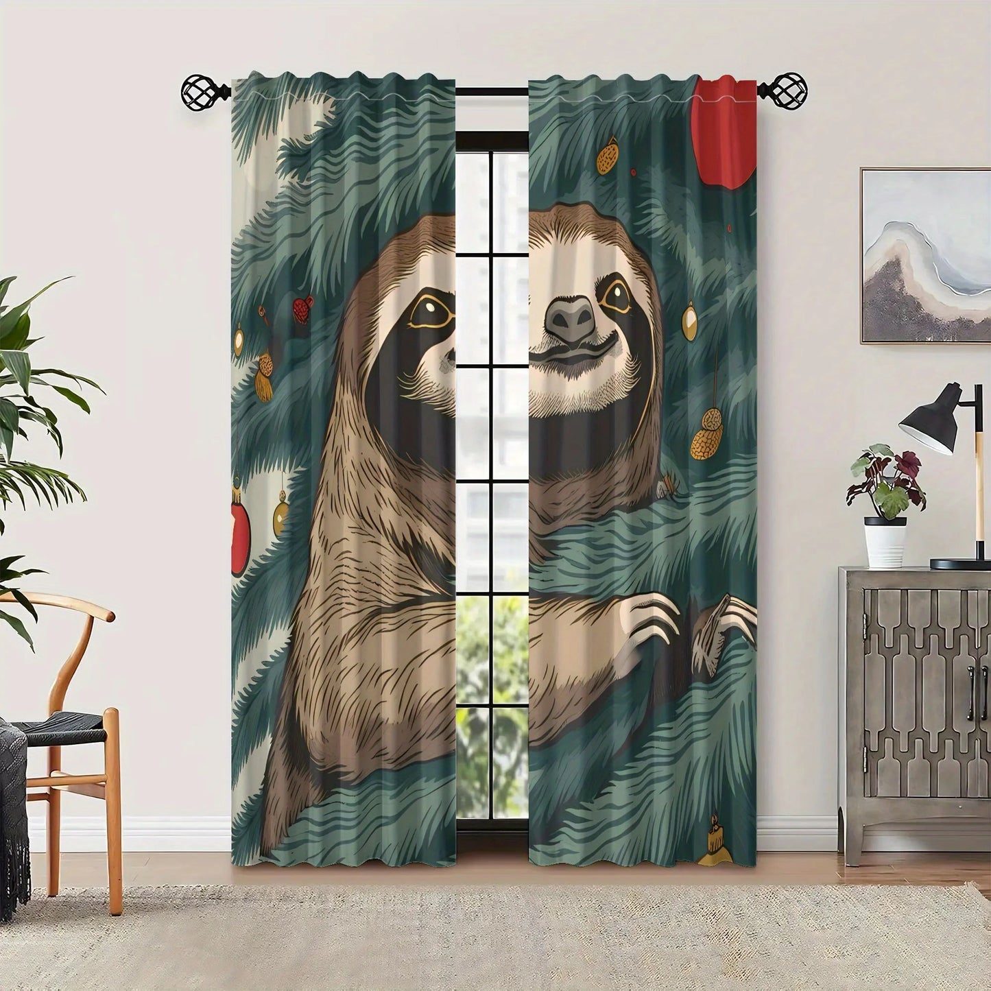Vintage Sloth Christmas Curtains