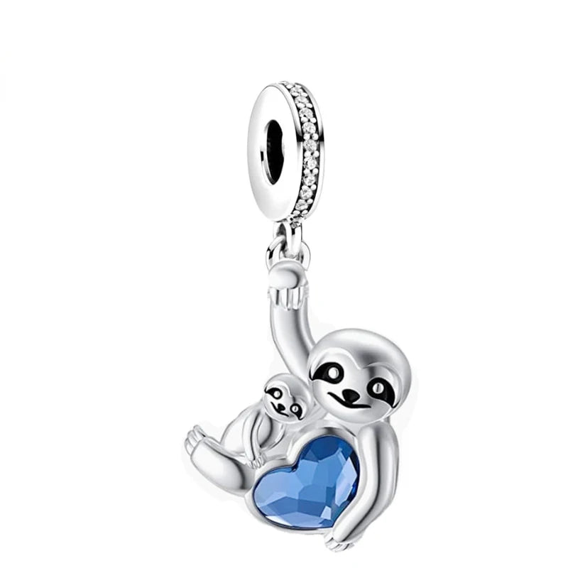 Sterling Silver Sloth & Baby With Blue Heart Charm