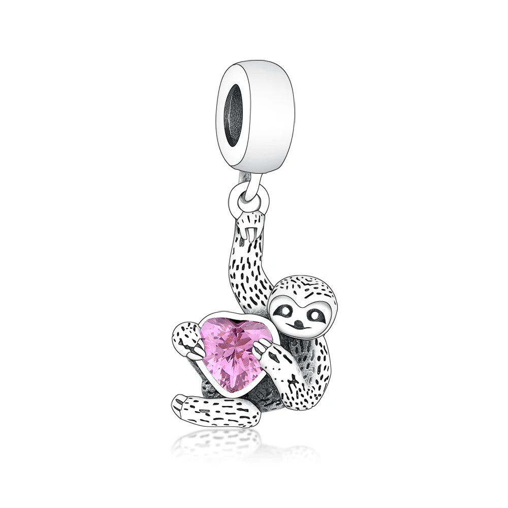 Sterling Silver Sloth & Pink Heart Charm