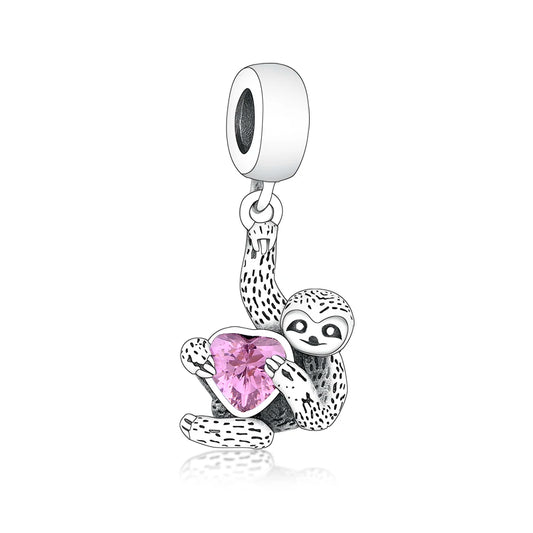 Sterling Silver Sloth & Pink Heart Charm