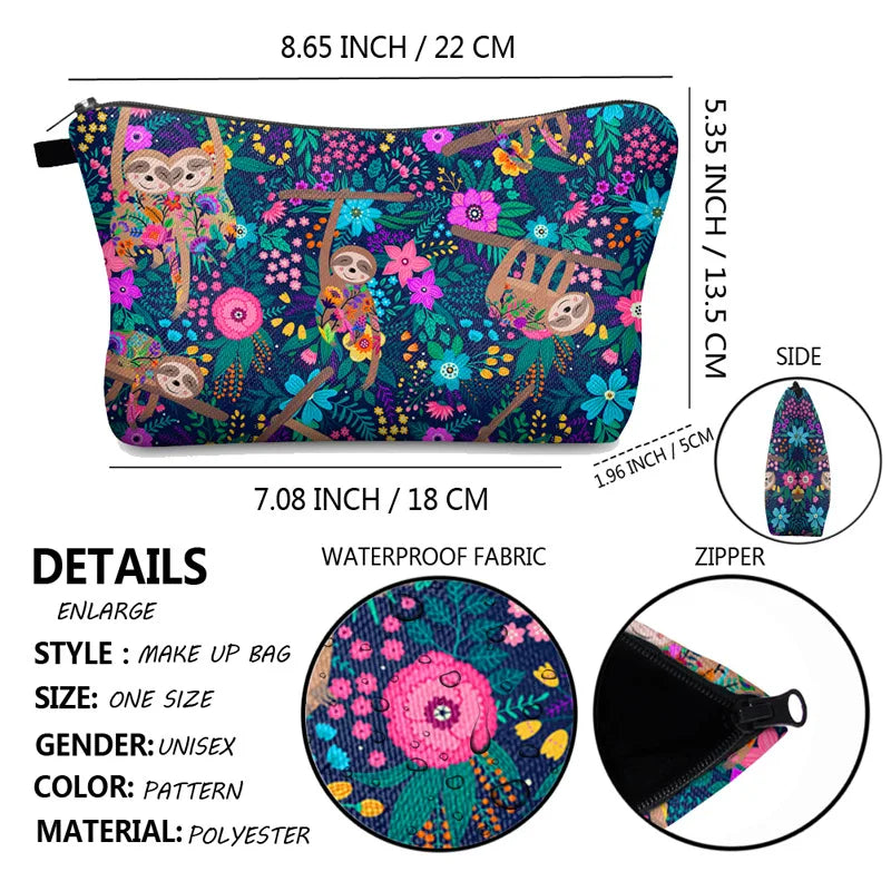 Sloth Floral Cosmetic Bag
