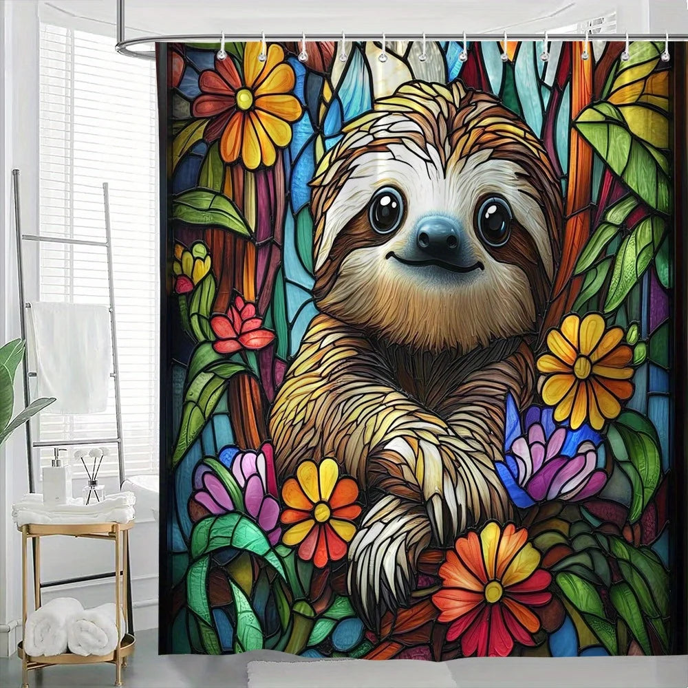 Colorful Flowers Sloth Shower Curtain