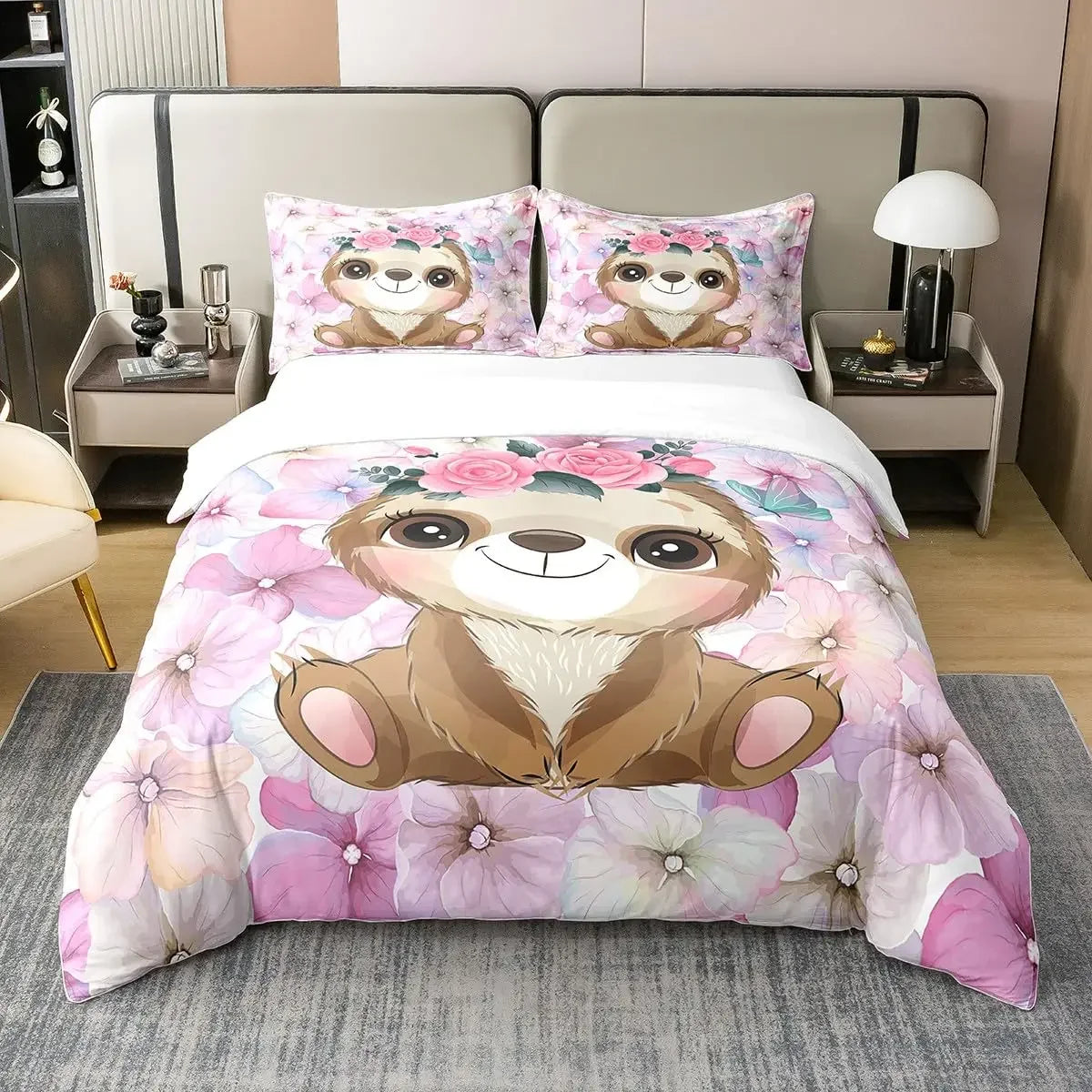 Cute Floral Sloth Bedding Set