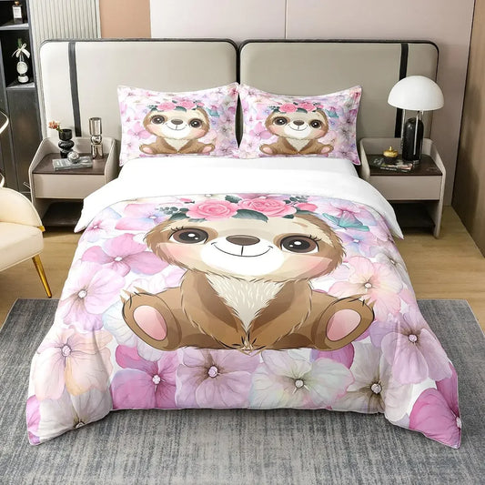 Cute Floral Sloth Bedding Set