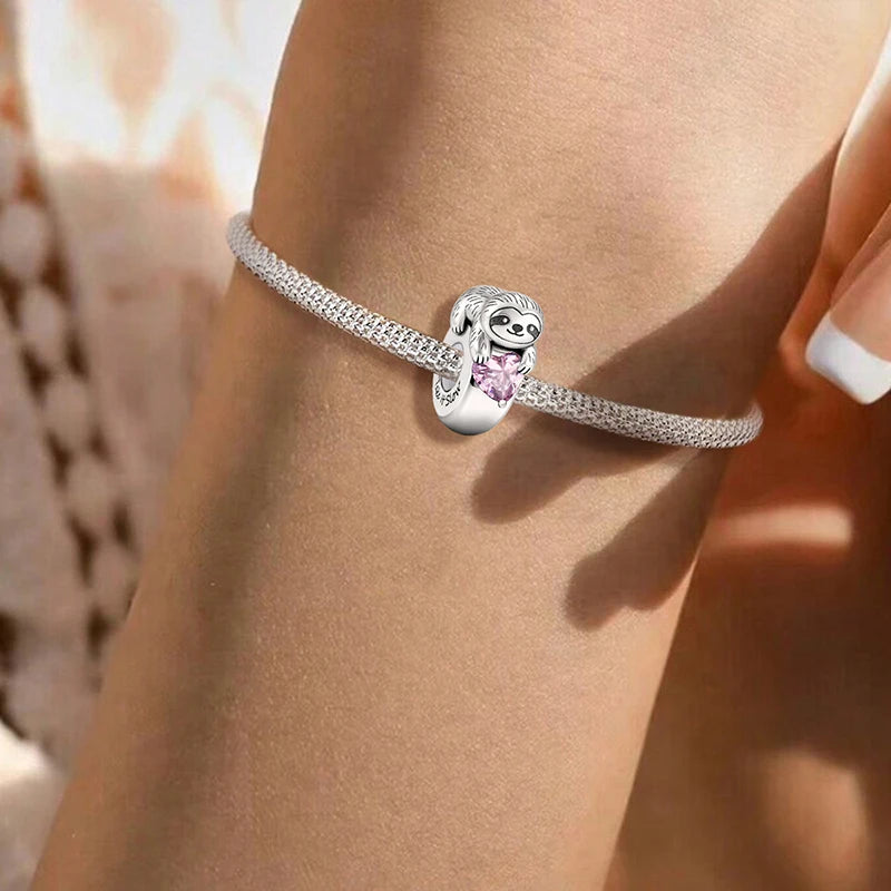 Sterling Silver Sloth With Pink Heart Bead Charm