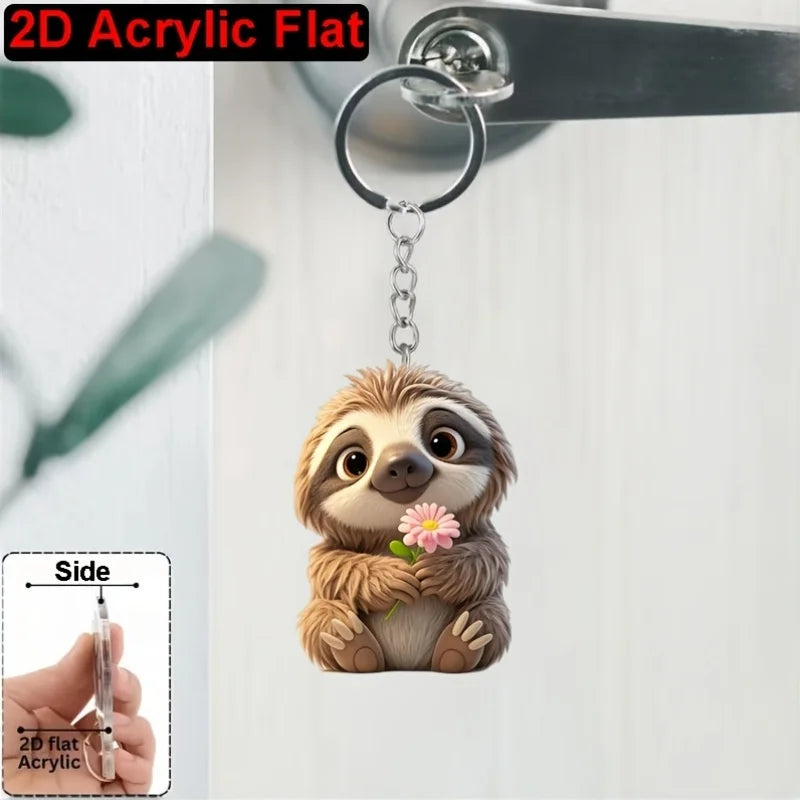 Sloth With Bouquet Of Flowers Keychain