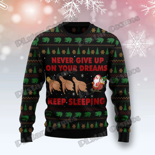 Never Give Up On Your Dreams Sloth Christmas Jumper