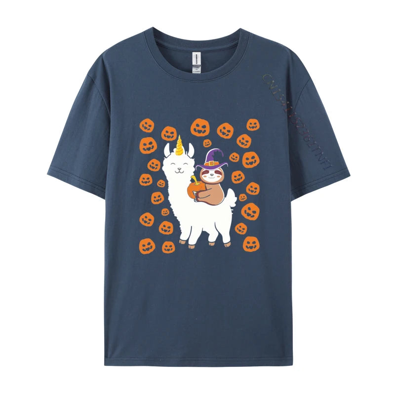 Sloth Wizard Riding Llama with Pumpkins T-shirt