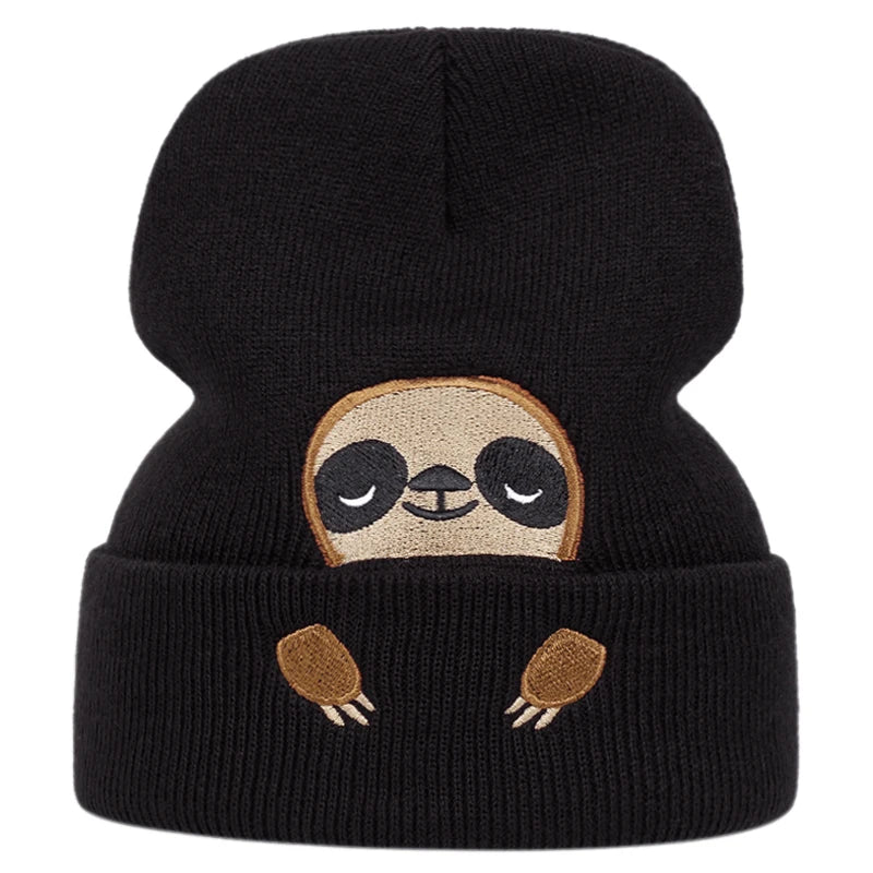 Sloth Embroidery Knitted Beanie Hat