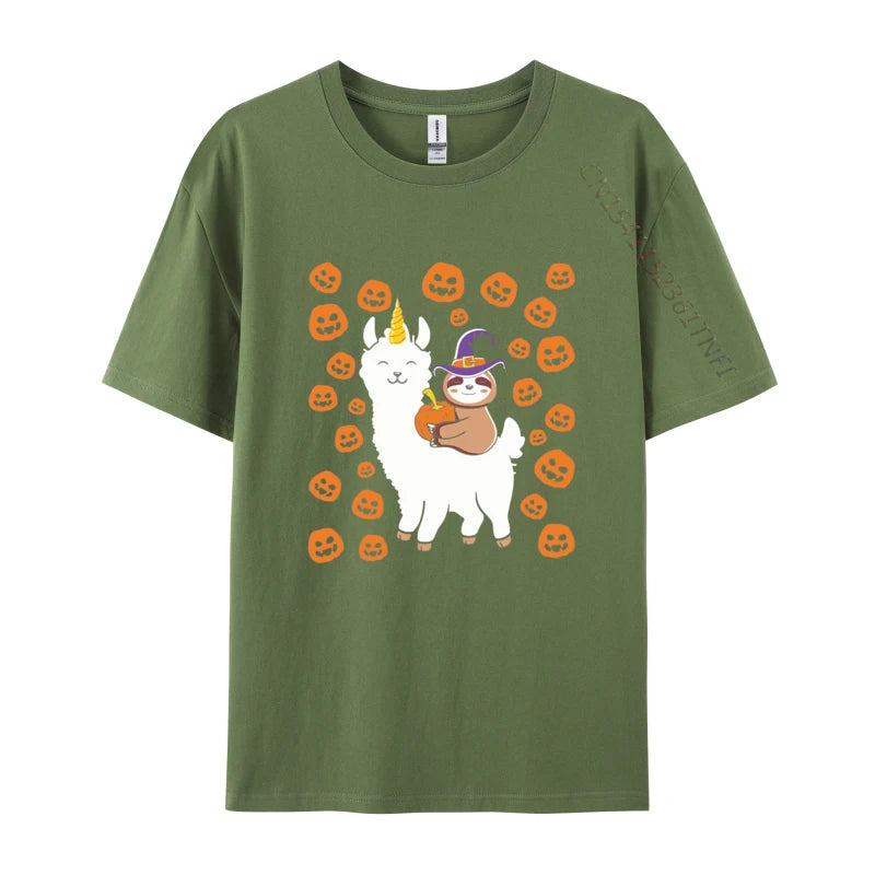 Sloth Wizard Riding Llama with Pumpkins T-shirt